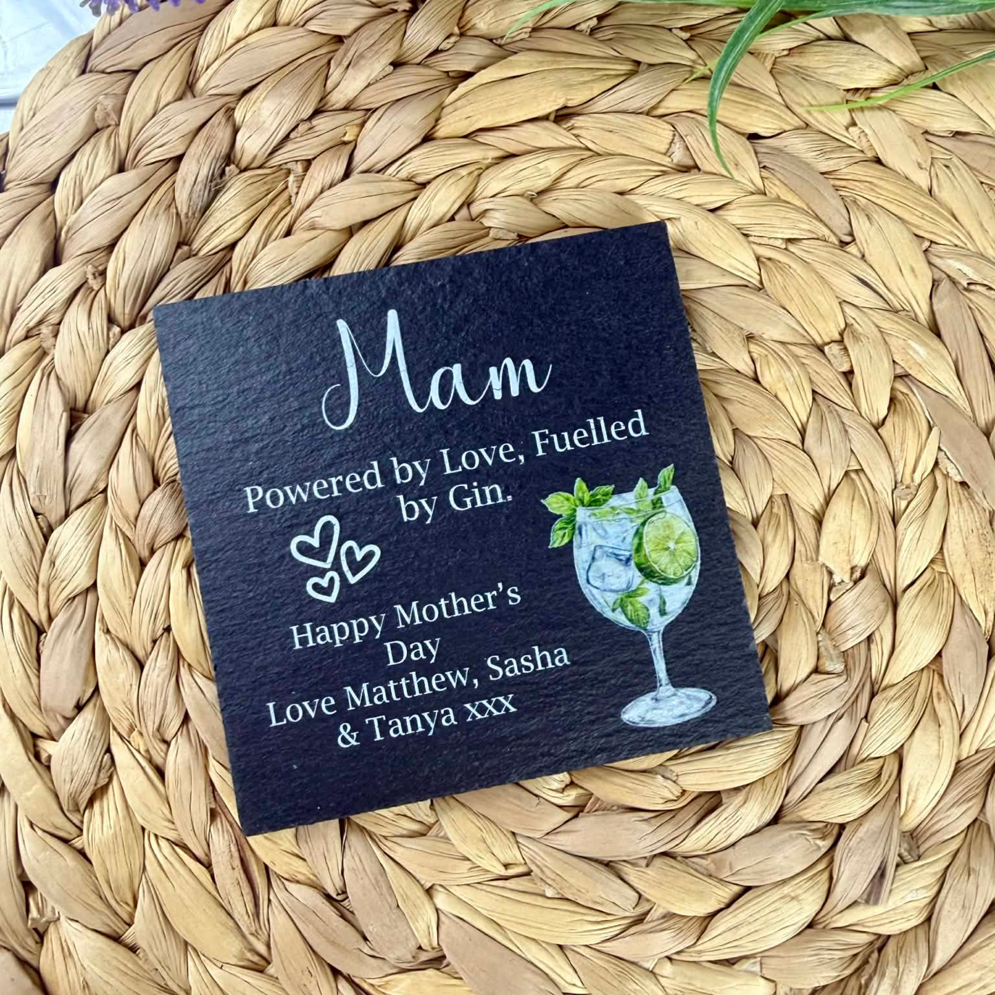 Personalised powered by love, fuelled by gin slate coaster