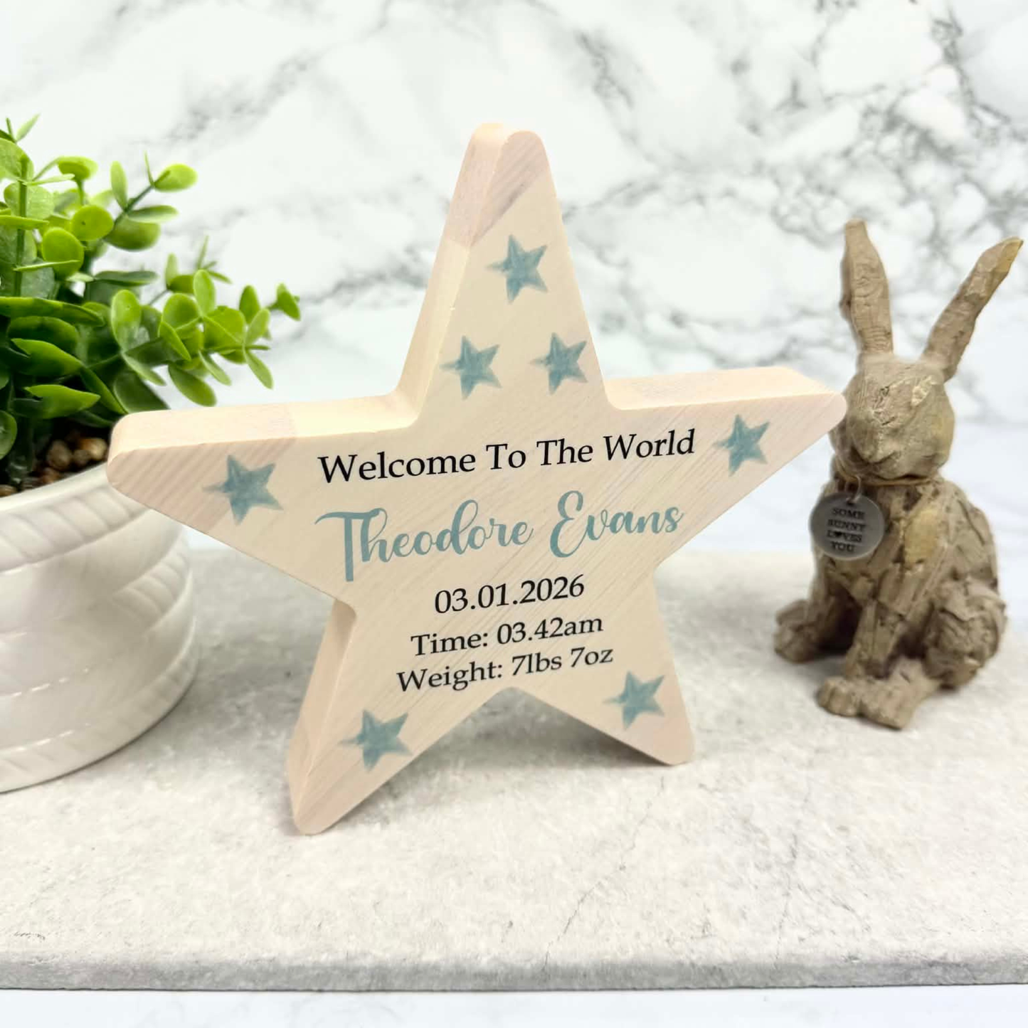 Personalised welcome to the world freestanding wooden star baby arrival sign