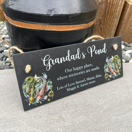 Our happy place pond hanging slate sign.