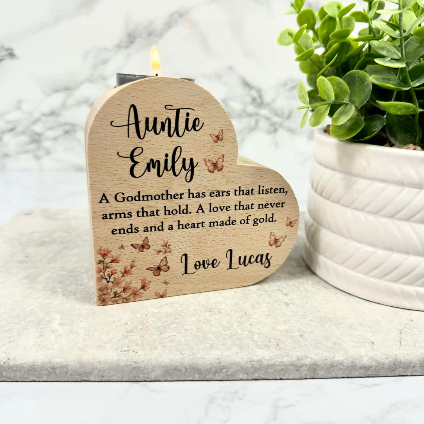 Personalised Godmother heart tealight holder