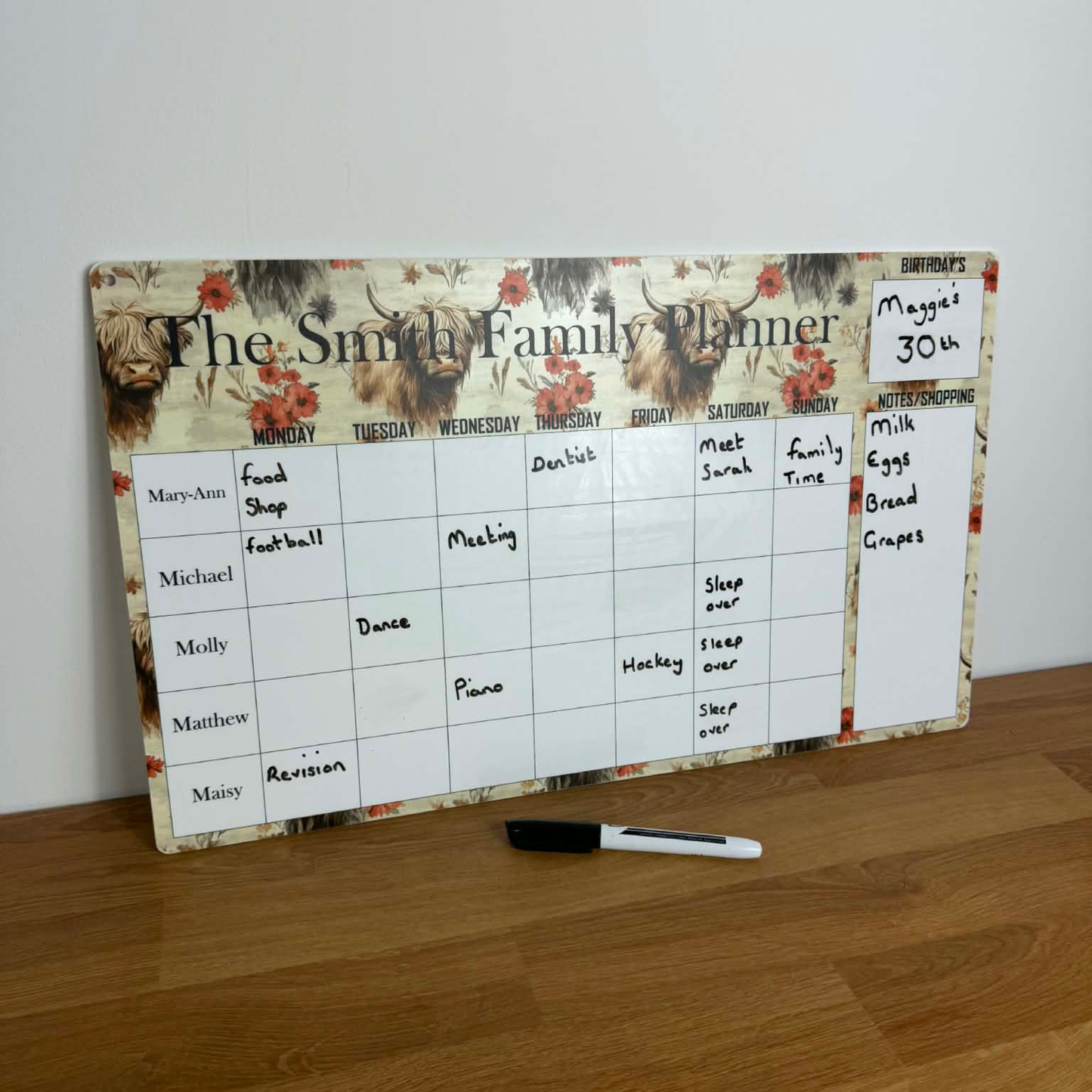 Personalised highland cow wipeable family planner