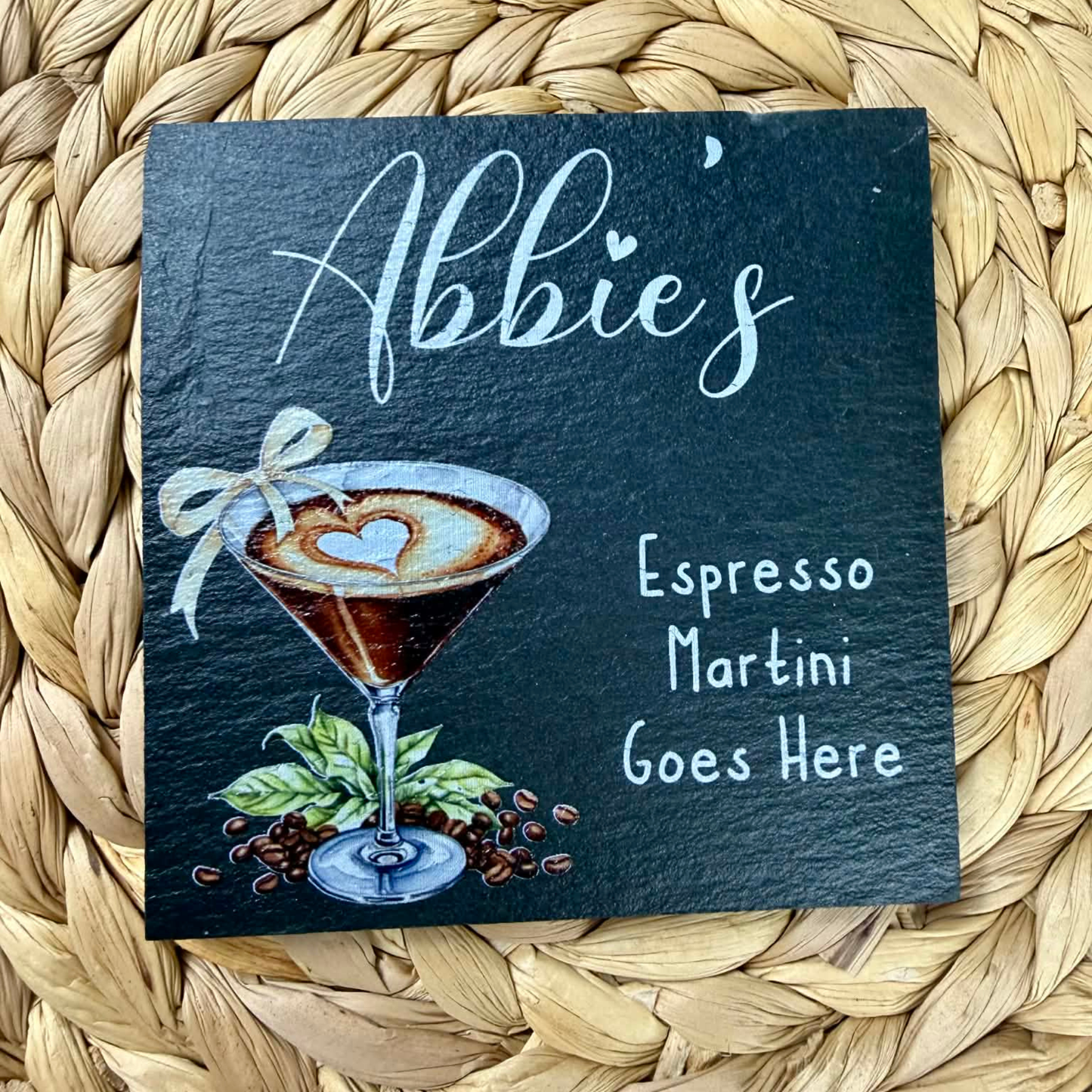 Personalised espresso martini goes here slate coaster