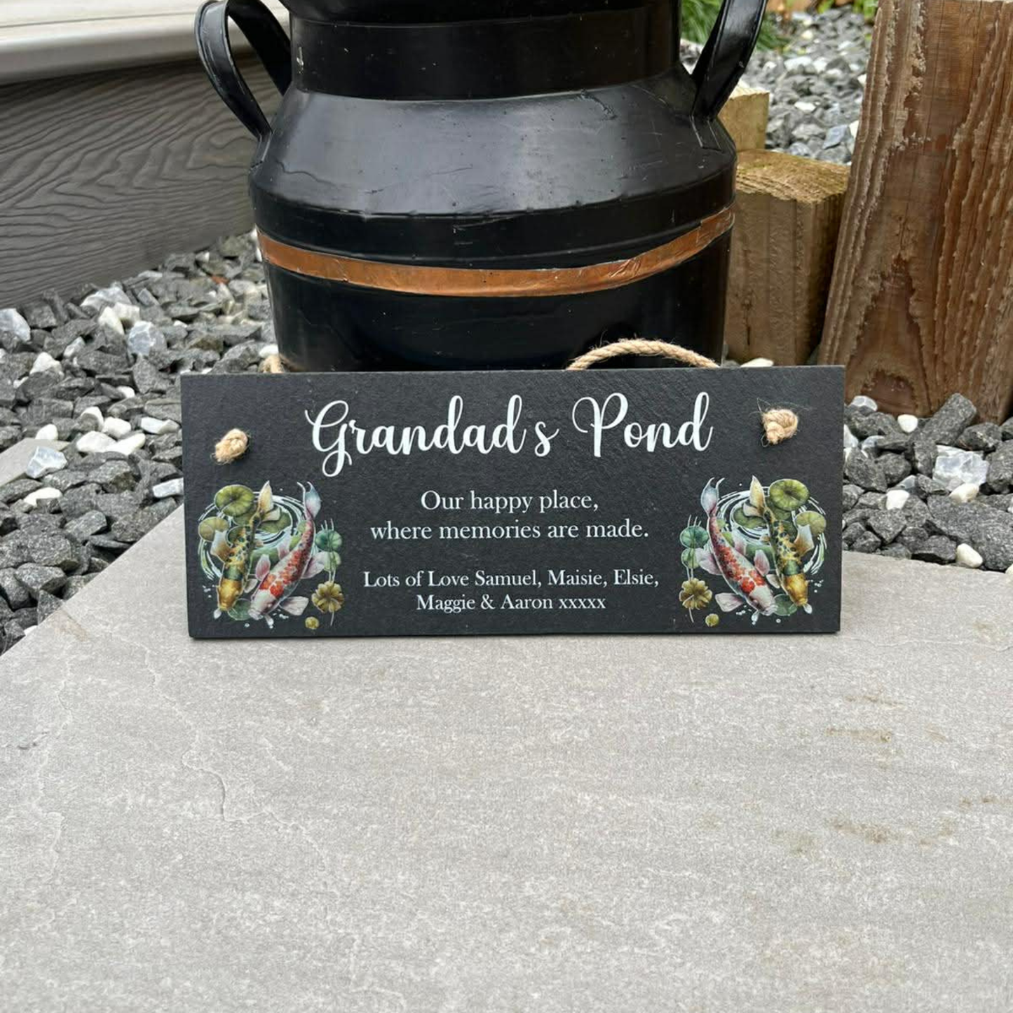 Our happy place pond hanging slate sign.