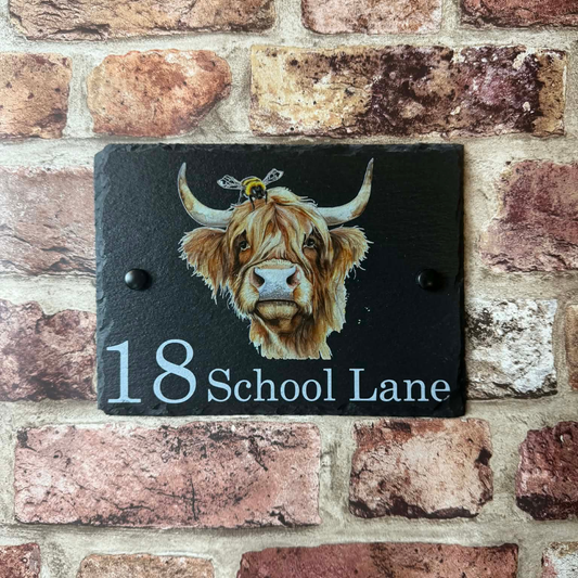 Highland cow with bee slate house sign