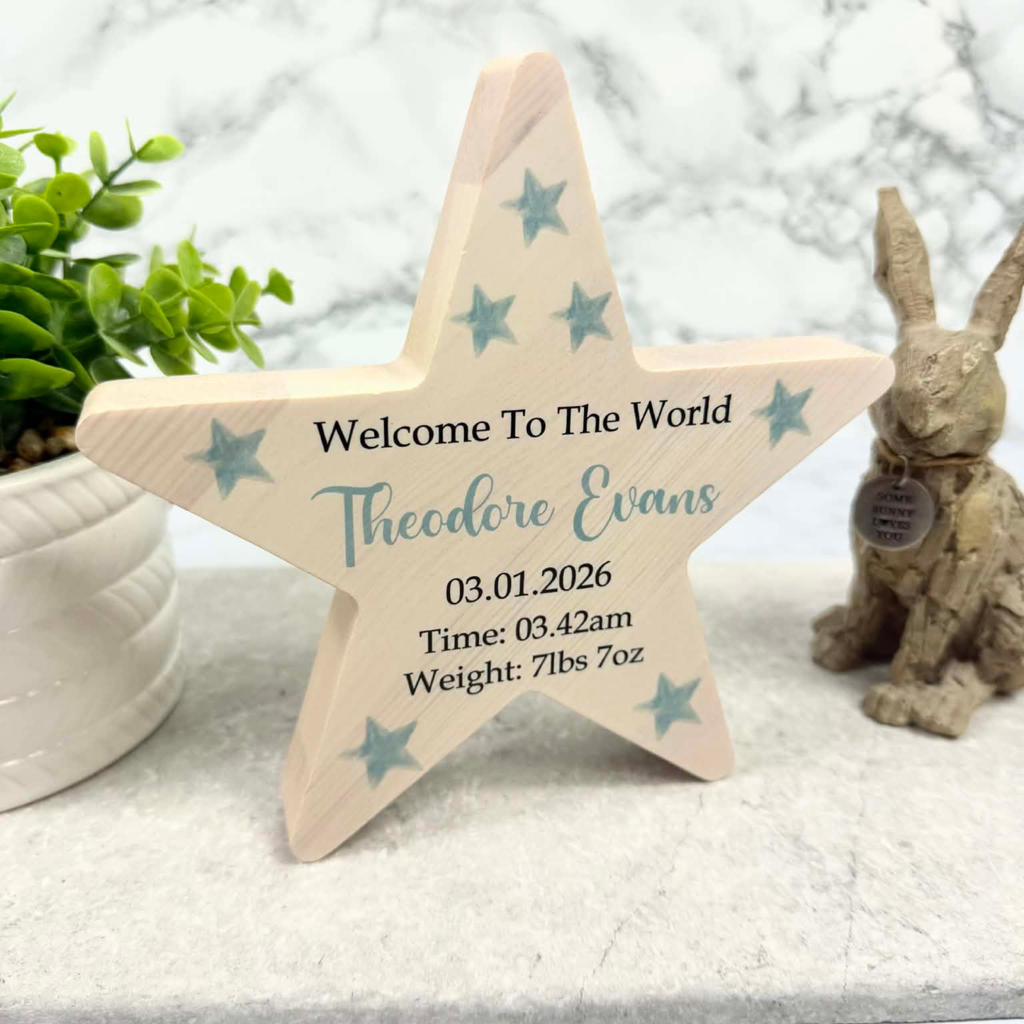 Personalised welcome to the world freestanding wooden star baby arrival sign