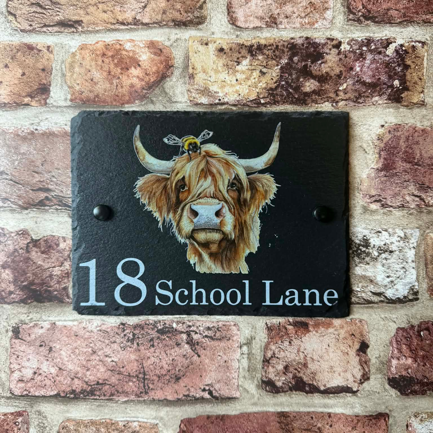 Highland cow with bee slate house sign