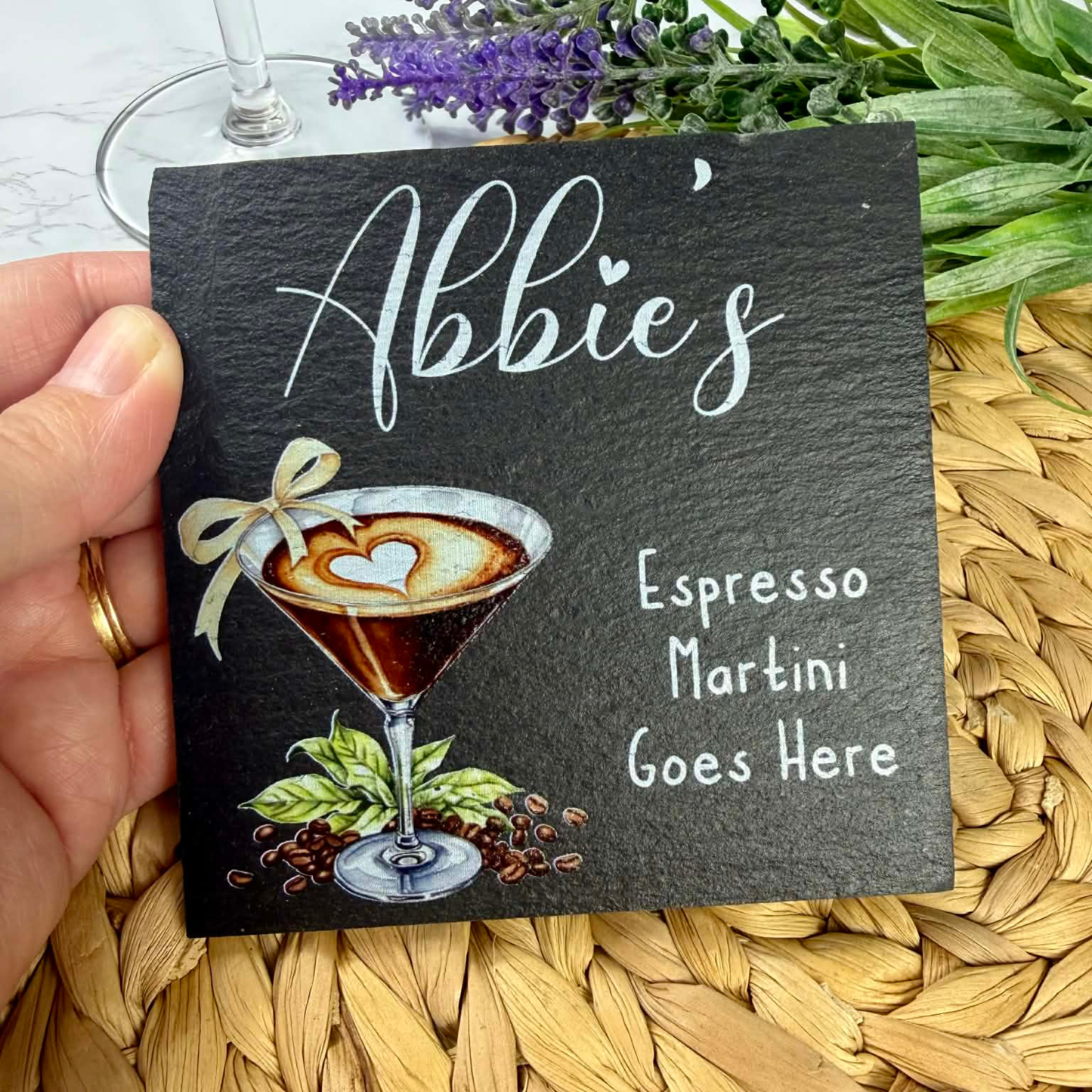 Personalised espresso martini goes here slate coaster