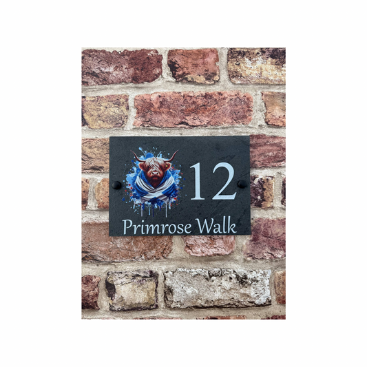 Highland cow Scottish flag slate house sign
