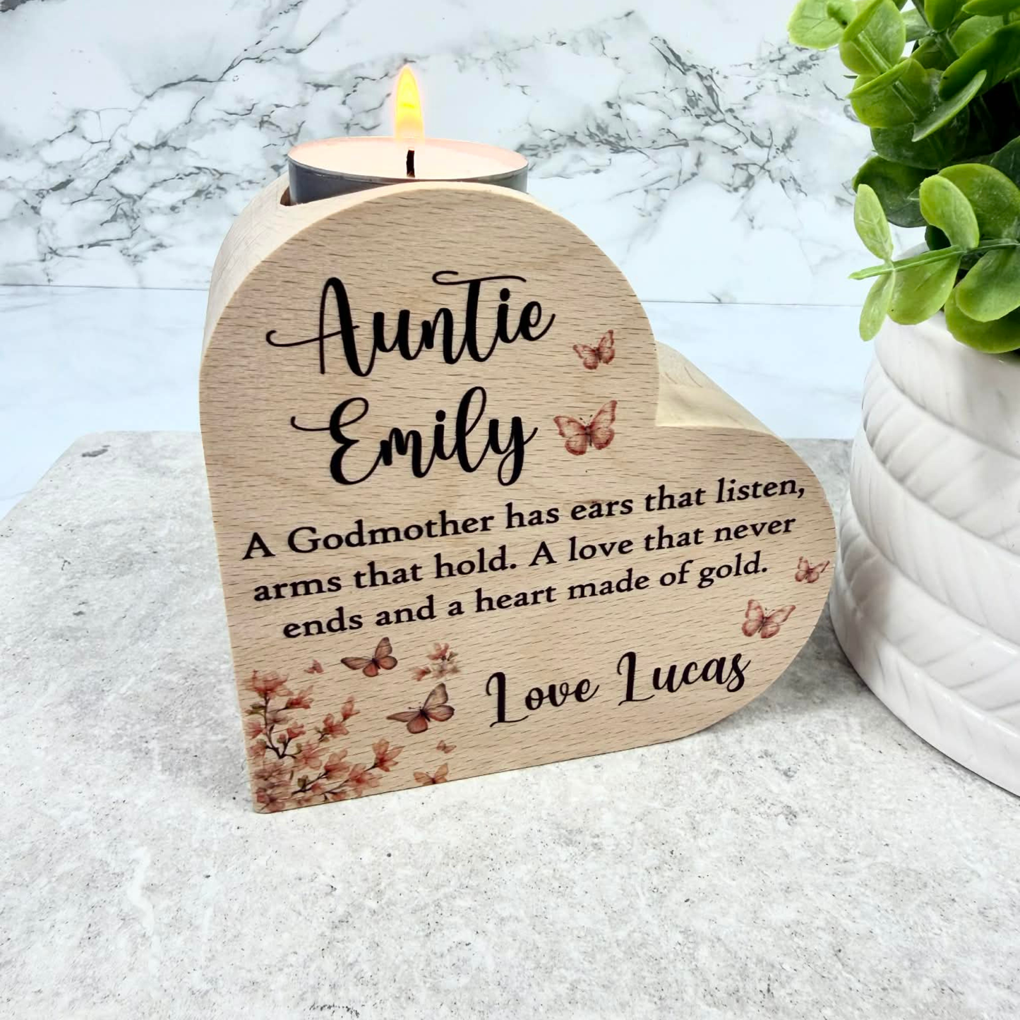Personalised Godmother heart tealight holder
