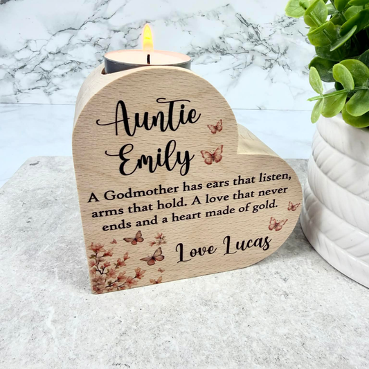 Personalised Godmother heart tealight holder