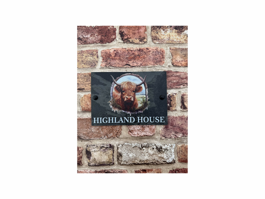 Highland cow slate house sign