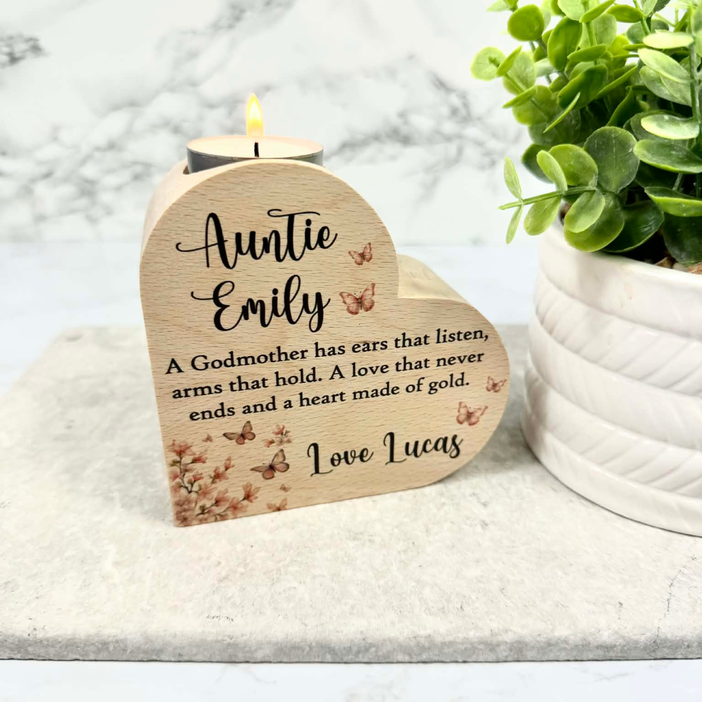 Personalised Godmother heart tealight holder