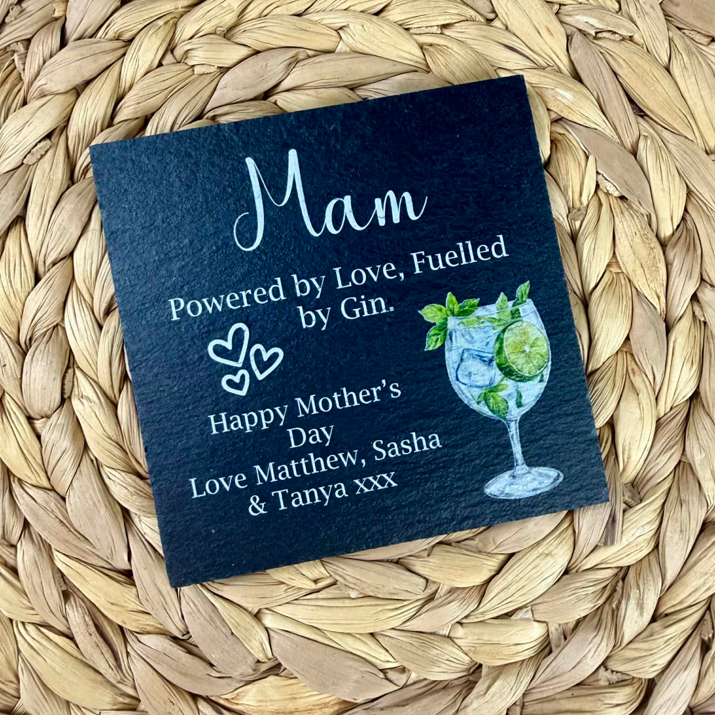 Personalised powered by love, fuelled by gin slate coaster