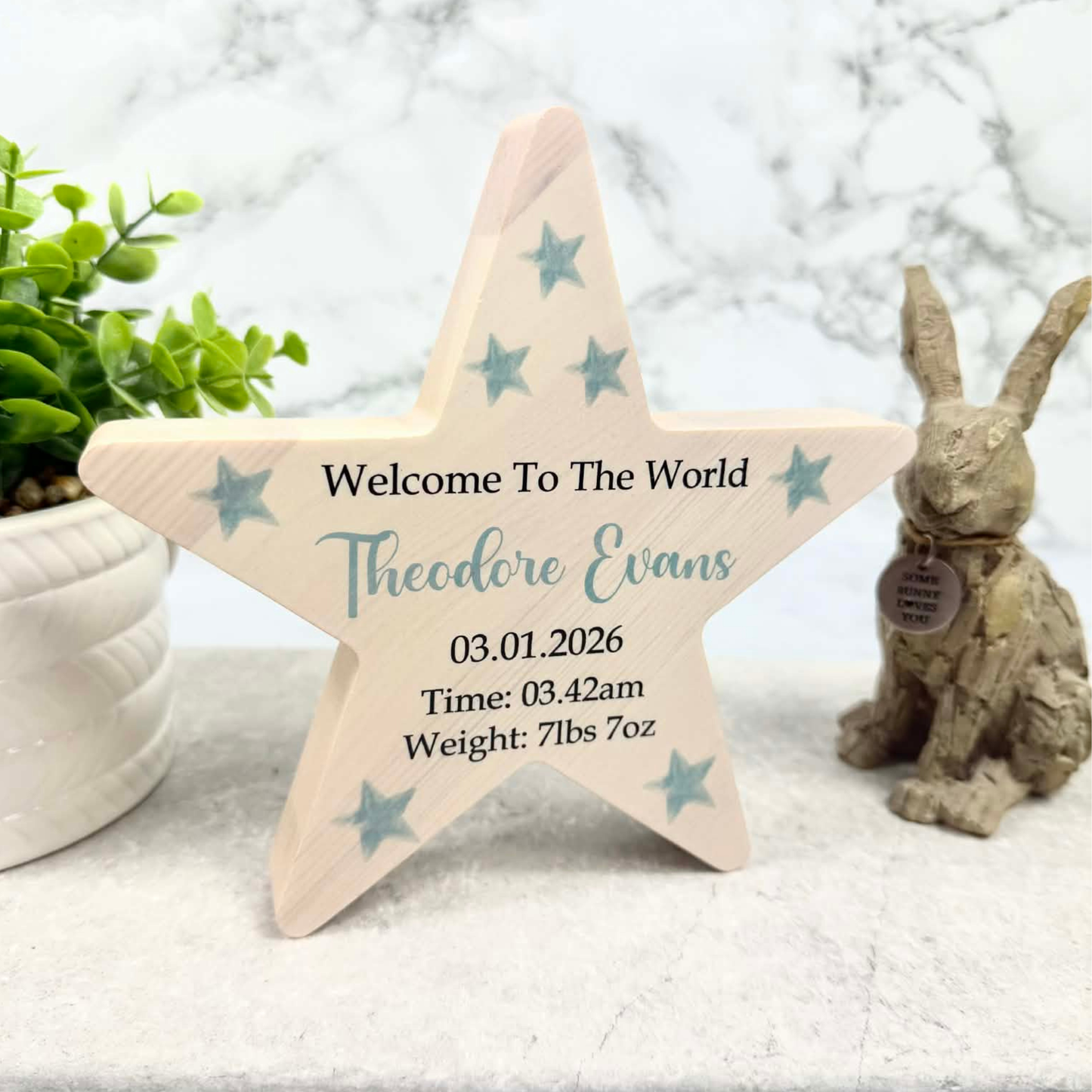 Personalised welcome to the world freestanding wooden star baby arrival sign