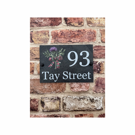 Thistle, tartan ribbon slate house sign