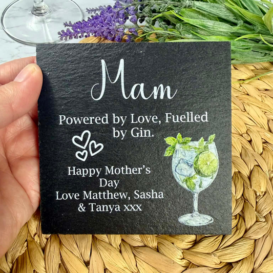 Personalised powered by love, fuelled by gin slate coaster