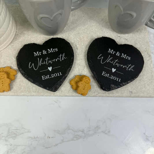 Mr & Mrs heart coasters - set of 2