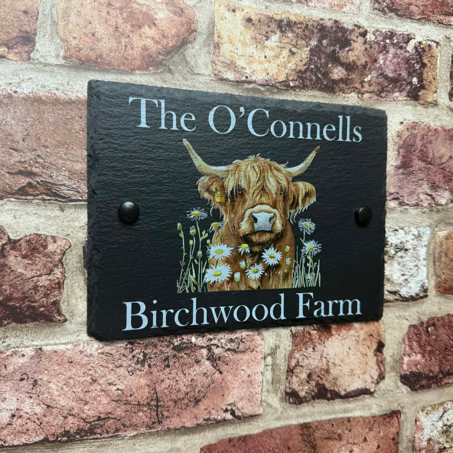 Highland cow with flowers slate house sign